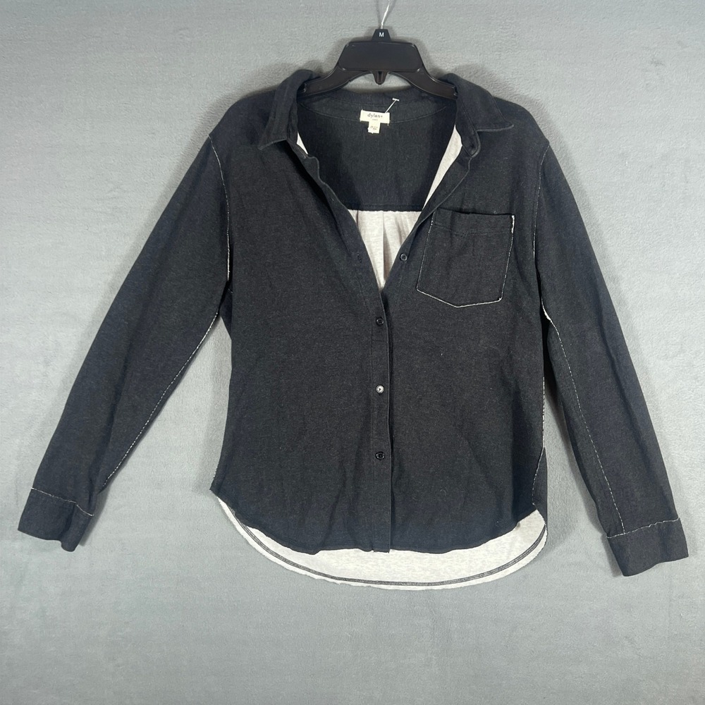 Dylan Womens Button Down Shirt Small Gray Contrast Stitch Long Sleeve Knit Top